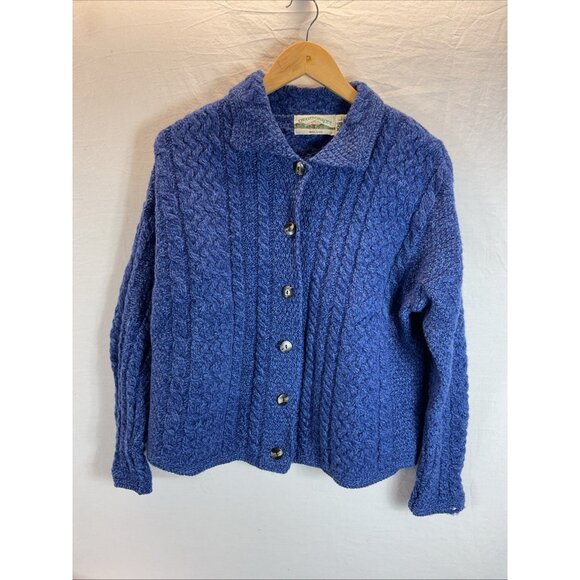 Aran Crafts Ireland Women's Sz L Merino Wool Cardigan Sweater Blue Button Up‎ - Picture 1 of 7
